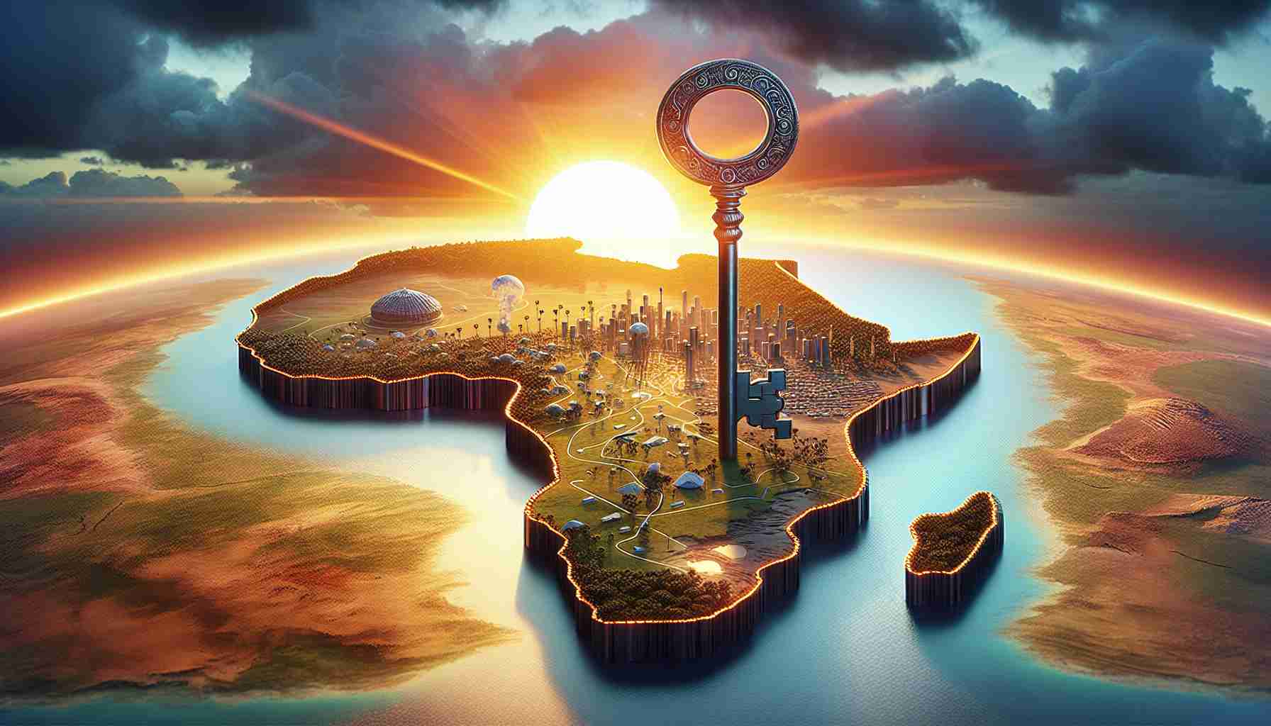 Realistic, high-definition image capturing the hopeful future of Africa. The image shows a symbolic representation of unlocking Africa's potential, perhaps an ornate key unlocking a strong, intricately designed lock that takes the shape of the African continent. A rising sun in the background offers a sense of hope, casting warm light that illuminates the landscape, highlighting developments in infrastructure, education, and natural resources showcasing a vibrant, thriving future. The colours are bright, indicating positivity and progress.