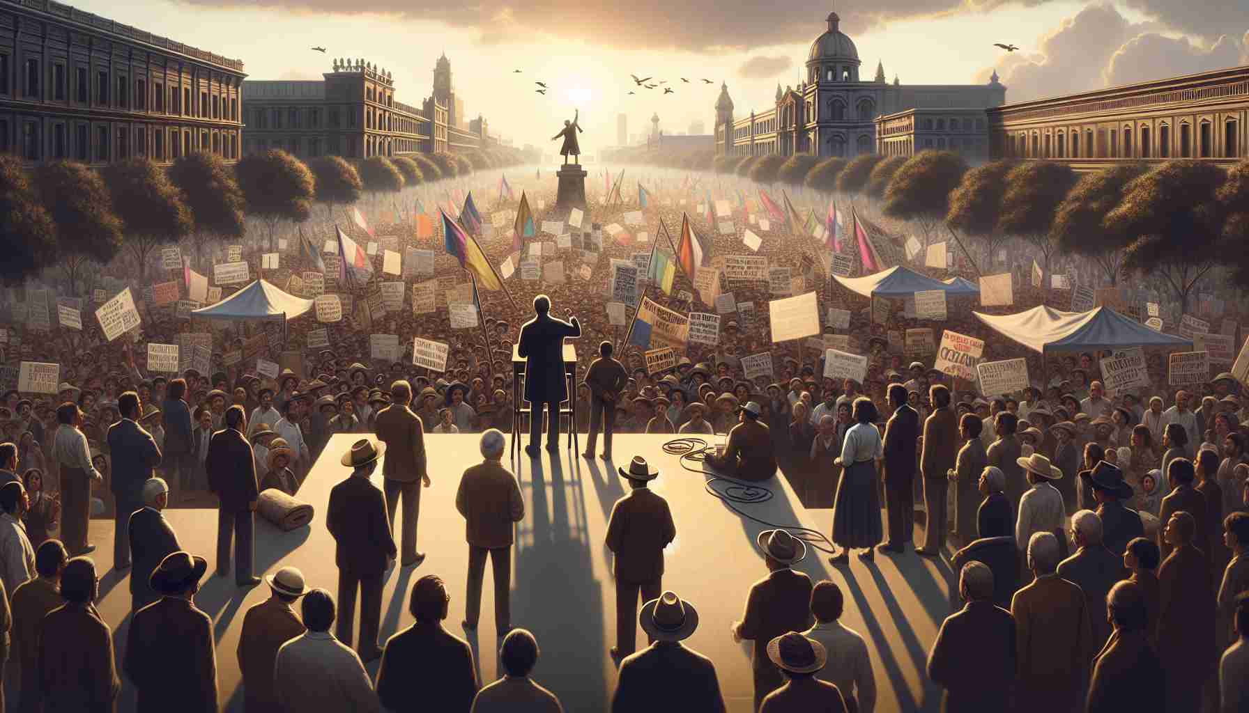 A realistic high-definition image representing political unrest in a non-specified country. Highlight a figure of leadership who has overcome significant challenges. Please illustrate a large public square filled with diverse groups of people demonstrating, bearing placards with various slogans. In the midst of the crowd, portray an individual of Hispanic descent, possibly the leader, on a stage, addressing the crowd forcefully but peacefully. Inspiration can be drawn from historical illustrations of large political gatherings or rallies.
