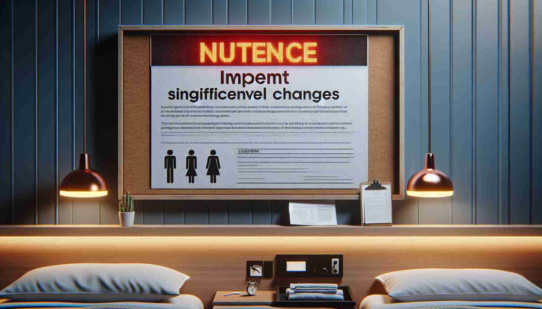 High-definition photograph with a realistic aesthetic depicting an urgent notice of impending significant changes meant for hotel workers. The scene presents the message either on a notice board, in a flyer, or a digital screen in a hotel setting showing the urgency and gravity of the announcement.