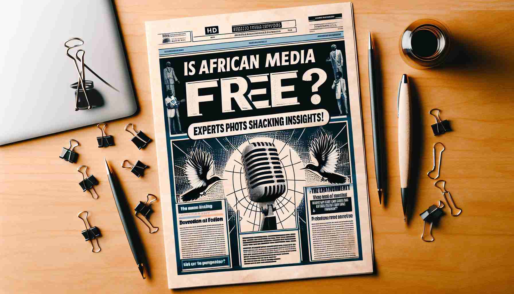 A HD photo featuring the headline 'Is African Media Free? Experts Reveal Shocking Insights!' It has the layout and style of a traditional newspaper with the headline in bold, capturing attention. In the background, there is an abstract concept of freedom of the press and media symbolized with a microphone and a feather pen. Elements like the sub-headlines, standout quotes, additional small articles, and accompanying images related to the topic are also present.