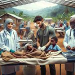 A realistic, high definition photograph of a medical mission in Cameroon. The image should depict a diverse medical team offering treatment to local community members. There is a Middle-Eastern female surgeon, a South Asian male nurse, a Caucasian male general practitioner, and a Black female pediatrician. They are all wearing medical uniforms and are performing various tasks: the surgeon preparing for a procedure, the nurse checking a patient's vitals, the general practitioner chatting with a villager about general health, and the pediatrician entertaining a child with a stethoscope. The scene is set in an organized and well-equipped field hospital under a large canopy with the lush Cameroonian landscape in the background.