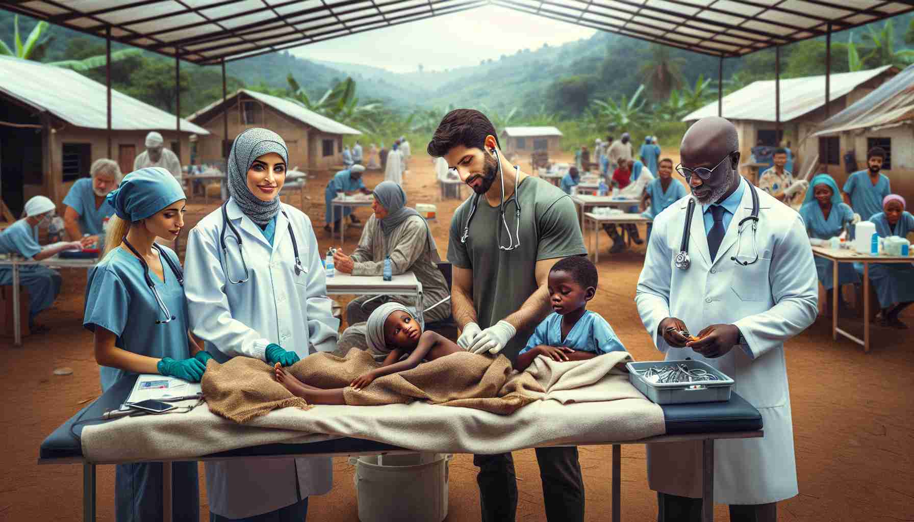 A realistic, high definition photograph of a medical mission in Cameroon. The image should depict a diverse medical team offering treatment to local community members. There is a Middle-Eastern female surgeon, a South Asian male nurse, a Caucasian male general practitioner, and a Black female pediatrician. They are all wearing medical uniforms and are performing various tasks: the surgeon preparing for a procedure, the nurse checking a patient's vitals, the general practitioner chatting with a villager about general health, and the pediatrician entertaining a child with a stethoscope. The scene is set in an organized and well-equipped field hospital under a large canopy with the lush Cameroonian landscape in the background.