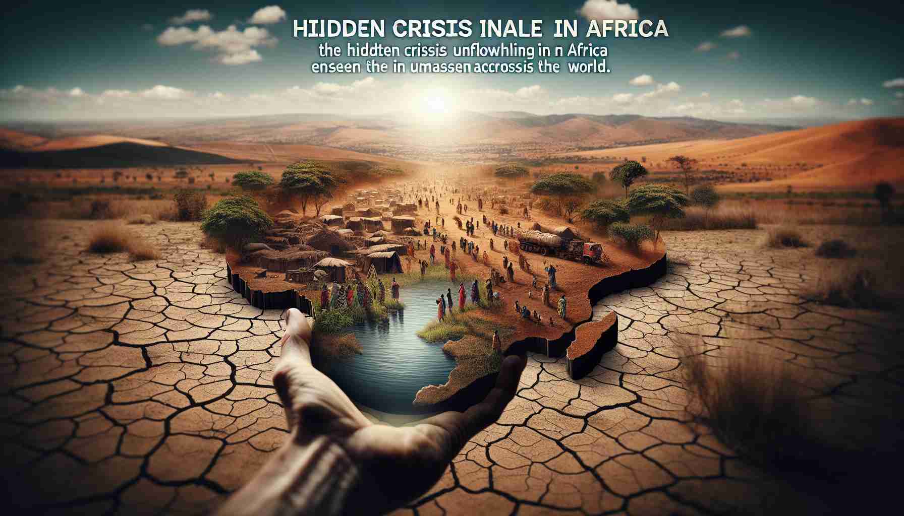 Create a high-definition, realistic image that visually represents a scenario reflecting the hidden crisis unfolding in Africa, unseen by many across the world. This could include drought-stricken landscapes, impoverished communities, or scenes of humanitarian aid. Remember, the emphasis is on revealing the aspect that is often overlooked or unknown about Africa.