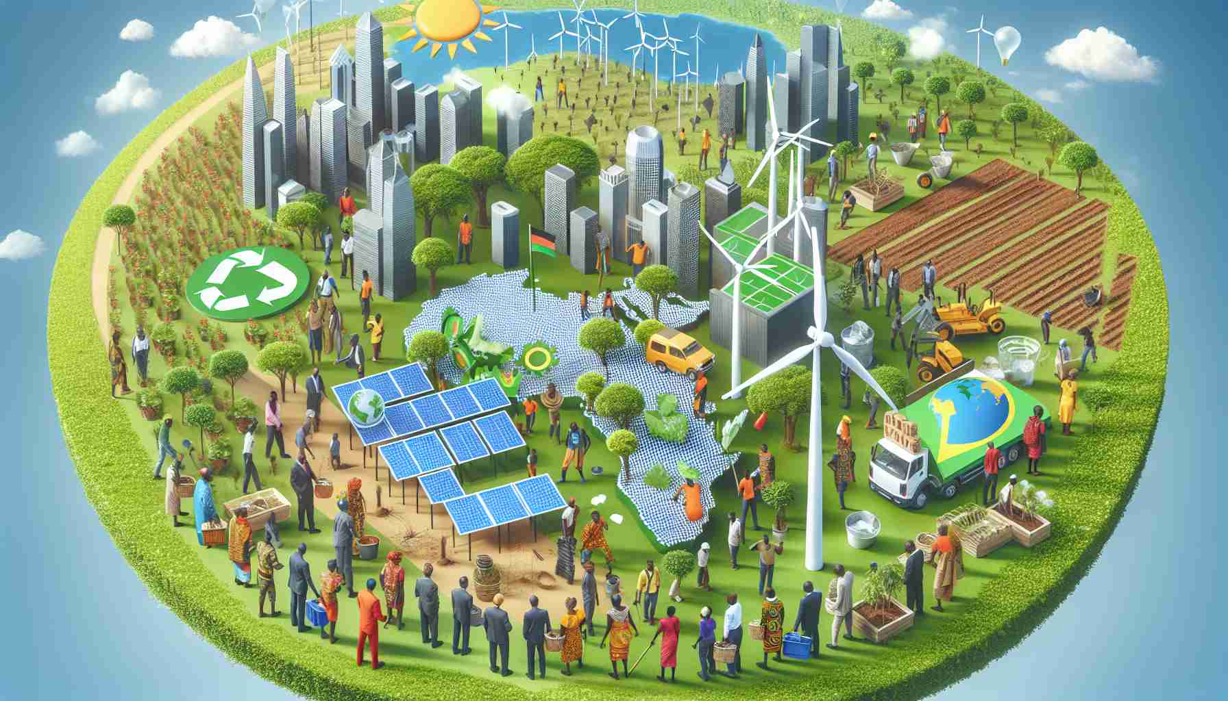 Generate a high-definition and realistic image representing a robust plan by Africa to tackle the climate crisis. This should take into consideration elements such as renewable energy installations, tree planting programs, efficient farming methods, and improved water management systems. Men and women of diverse African descents can be seen actively participating in these initiatives.