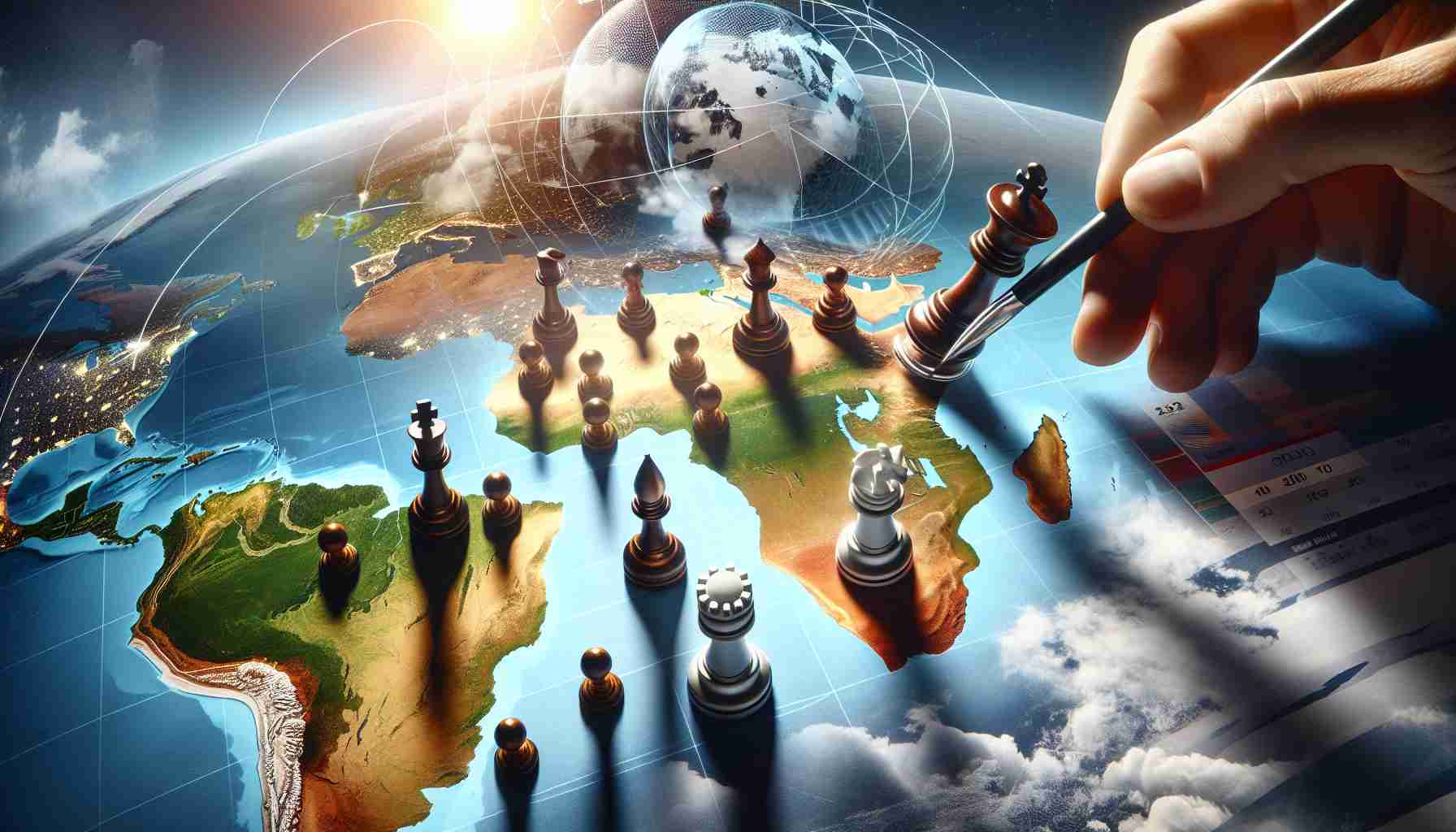 A high-definition image illustrating the metaphorical concept of South Africa's leadership within the G20 group. This image should denote a significant shift for the continent, symbolizing bold steps forward. Perhaps it could feature a symbolic object like a chess piece on a world map chessboard, indicating a game-changing move. The view should hint at the landscapes and distinctive features of South Africa, maintaining a realistic style.