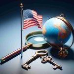 An image depicting the symbolic end of the era of Nation-States. A key, a globe and a flag lowered halfway on a pole are present in the scene. A magnifying glass hovers over these objects, indicating a closer look or detailed examination. The image has high definition and realistic features.