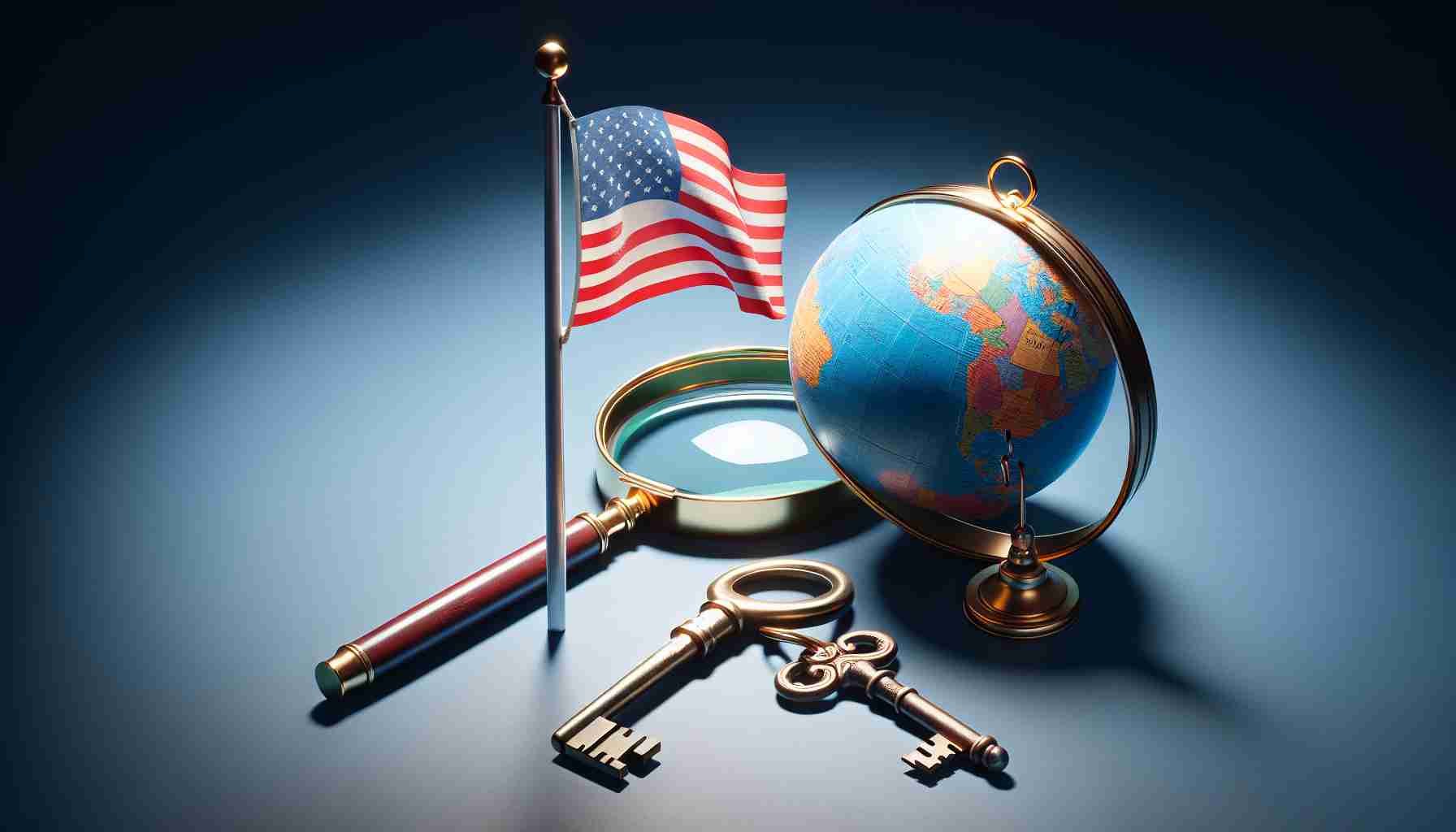 An image depicting the symbolic end of the era of Nation-States. A key, a globe and a flag lowered halfway on a pole are present in the scene. A magnifying glass hovers over these objects, indicating a closer look or detailed examination. The image has high definition and realistic features.