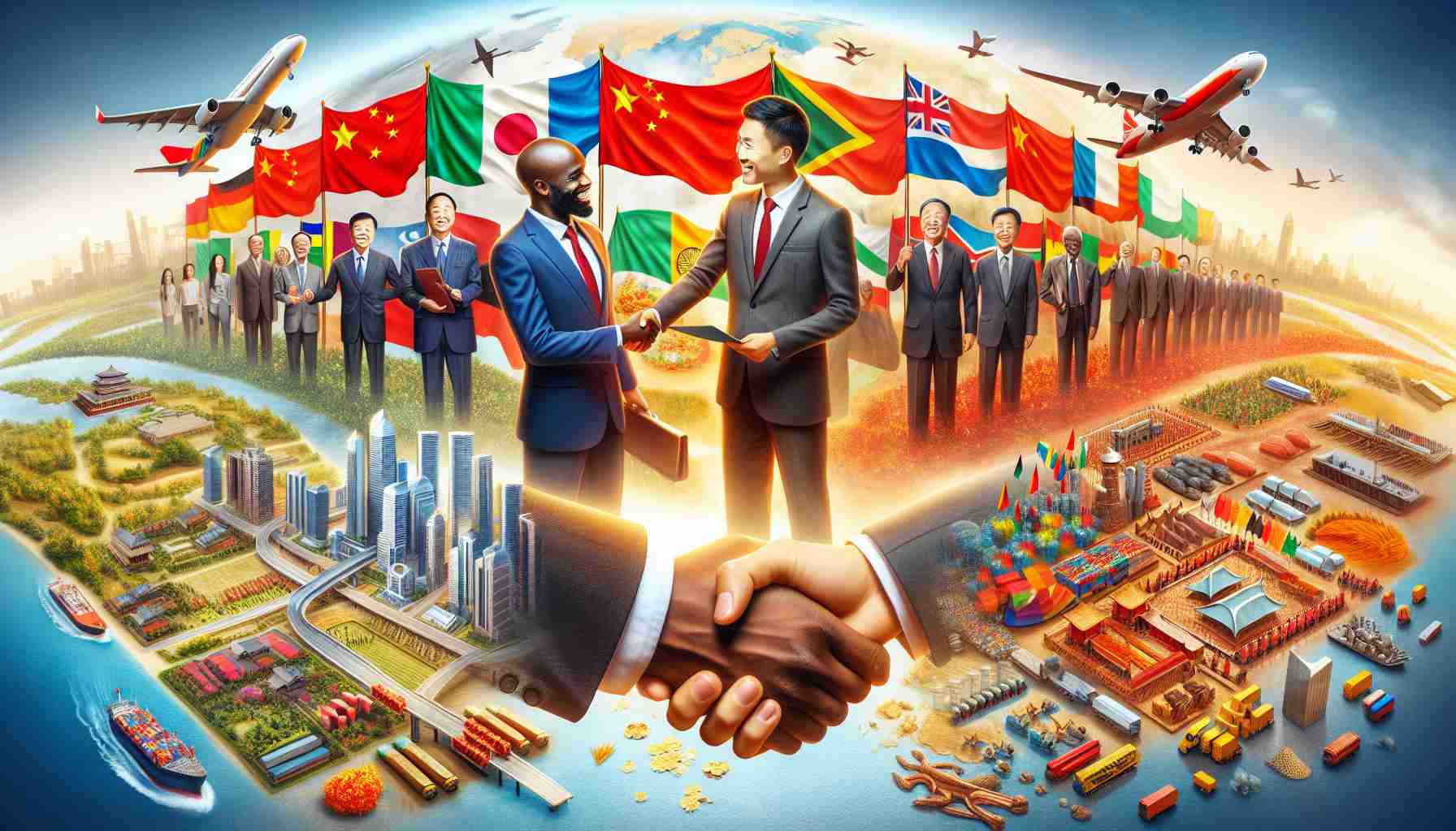 Create a realistic high-definition image symbolizing the new era of cooperation unfolding between China and Africa. It could potentially include elements like handshakes between Chinese and African representatives, flags of China and various African nations, and images of economic development such as infrastructure projects and technology exchanges. Make sure to represent a diverse array of African descent and genders in the representatives. Show optimism and strong bonds in the image.