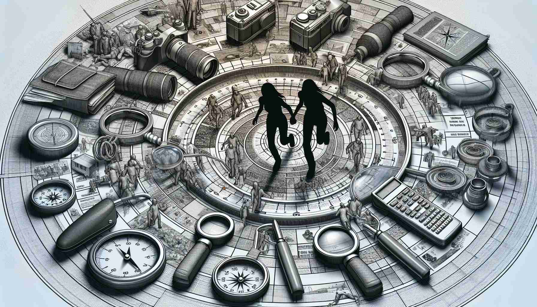 Detailed, high-definition image representing the concept of a pressing situation revolving around a search for two missing sisters in an undisclosed location. The scene includes various elements that symbolically denote anxiety, urgency, and societal concern. Please do not create an image that devalues or misrepresents such serious situations.