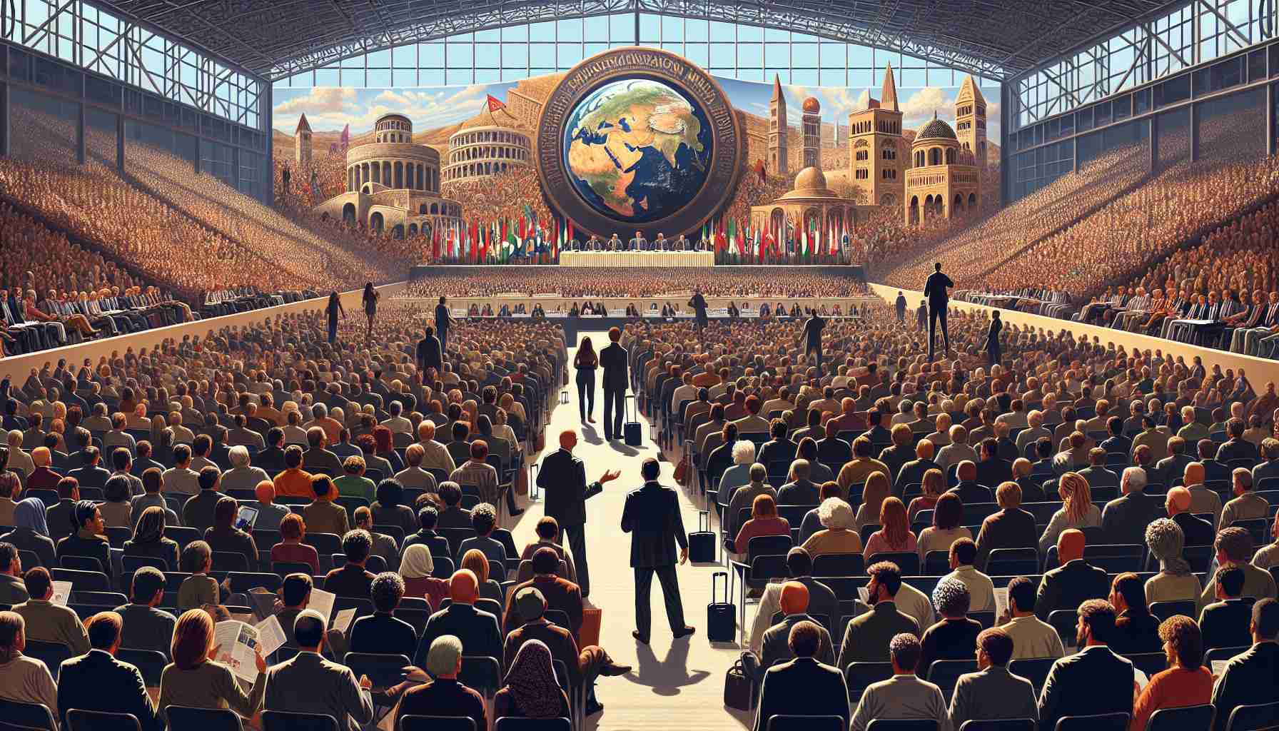 Generate a realistic, high-definition image depicting a major conference on Mediterranean migration. The scene should express anticipation and excitement. Consider including elements like a convention center filled with a diverse crowd of activists, policy experts, and researchers from various descents such as Caucasian, Hispanic, Black, Middle-Eastern, and South Asian. You might also include visual representations of the Mediterranean region, brochures or signboards advertising the conference, and audience members engaged in lively discussions.