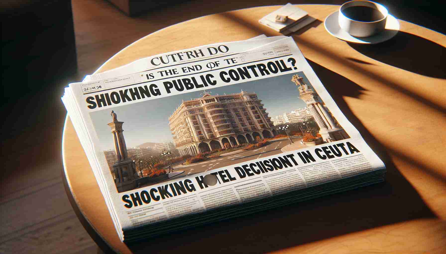 An HD realistic image depicting a headline that reads 'Is This the End of Public Control? Shocking Hotel Decision in Ceuta!' The headline is emblazoned across the top of a newspaper front page, which also features an image of a luxury hotel next to an emblematic Ceuta monument. The newspaper is laid flat, with tangible texture and slight folds, against a coffee table in the crisp morning sunlight.
