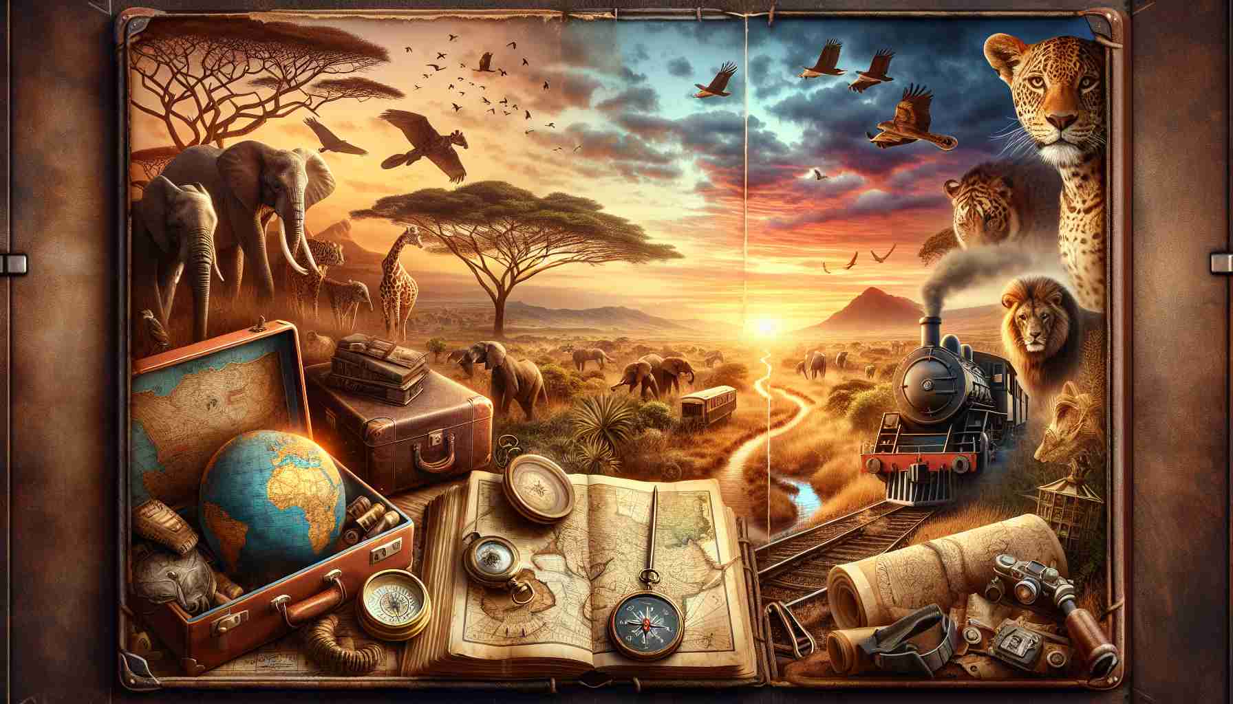 Create a high-definition, hyper-realistic image of the cover for an exciting new novel titled 'Journey Back to Africa'. The cover should depict elements representative of an adventurous journey. Perhaps items like a vintage suitcase, an intricate compass, old maps, and a steam train could be included. There could be a vast, beautiful and diverse African landscape in the background, bustling with wildlife such as elephants, lions, and giraffes. The rich palette of sunset sky could add a touch of drama to the whole design. The title of the book should be prominently featured on the cover.