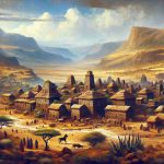 Generate a realistic, HD image of Ethiopia's Ancient Legacy. This is a historical journey, full of rich culture and heritage. The image should include traces of old empire buildings, perhaps ruins, suggesting the reach and might of the kingdom in ages past. There should also be diverse geographical features such as mountains, vast grasslands or rocky terrains that indicate the wide range of habitats in this ancient land. Additionally, there can be representations of cultural artifacts, such as ancient scripts, pottery, jewelry or statues, that hint at the life and traditions of the people in those times.