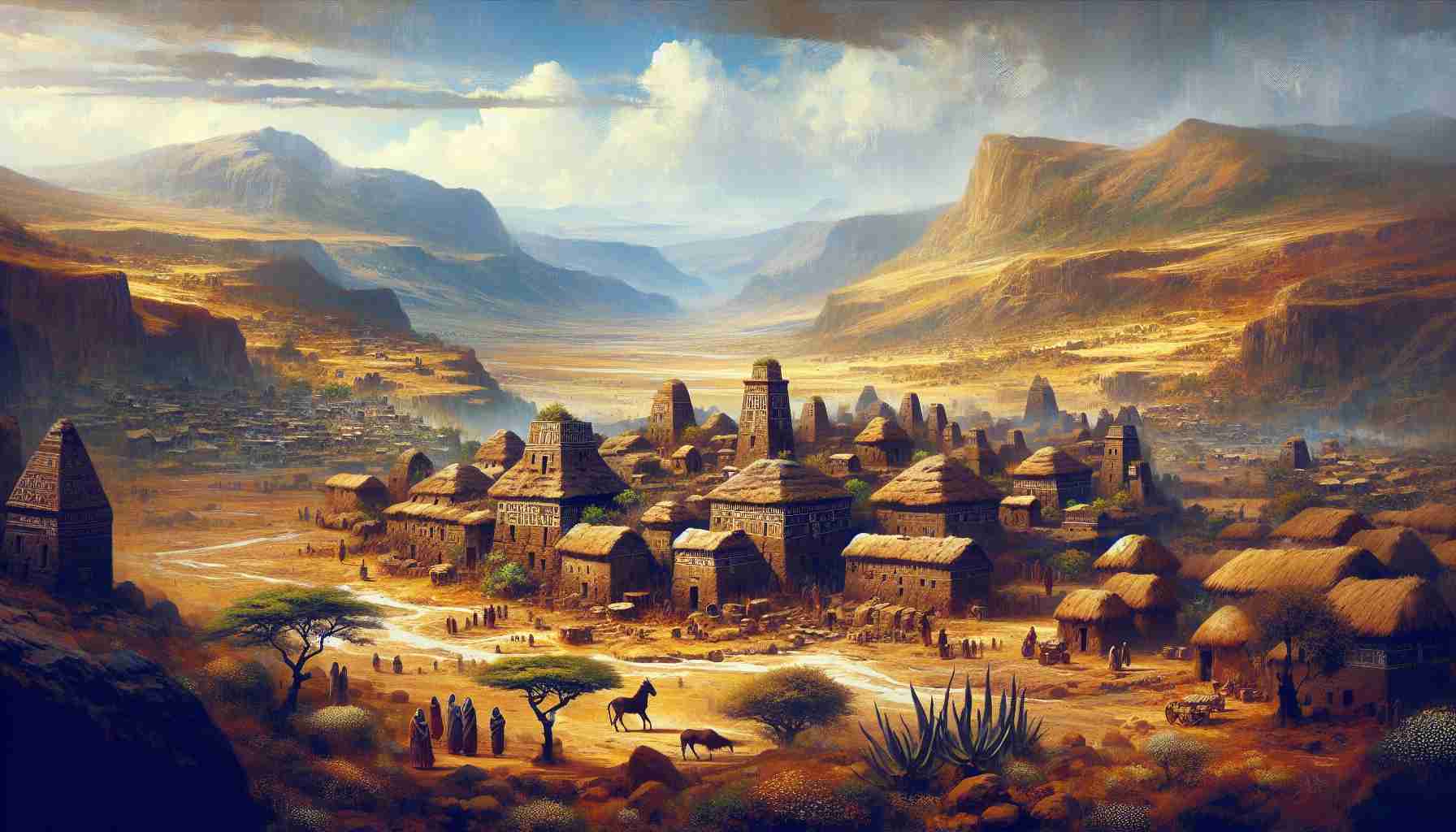 Generate a realistic, HD image of Ethiopia's Ancient Legacy. This is a historical journey, full of rich culture and heritage. The image should include traces of old empire buildings, perhaps ruins, suggesting the reach and might of the kingdom in ages past. There should also be diverse geographical features such as mountains, vast grasslands or rocky terrains that indicate the wide range of habitats in this ancient land. Additionally, there can be representations of cultural artifacts, such as ancient scripts, pottery, jewelry or statues, that hint at the life and traditions of the people in those times.
