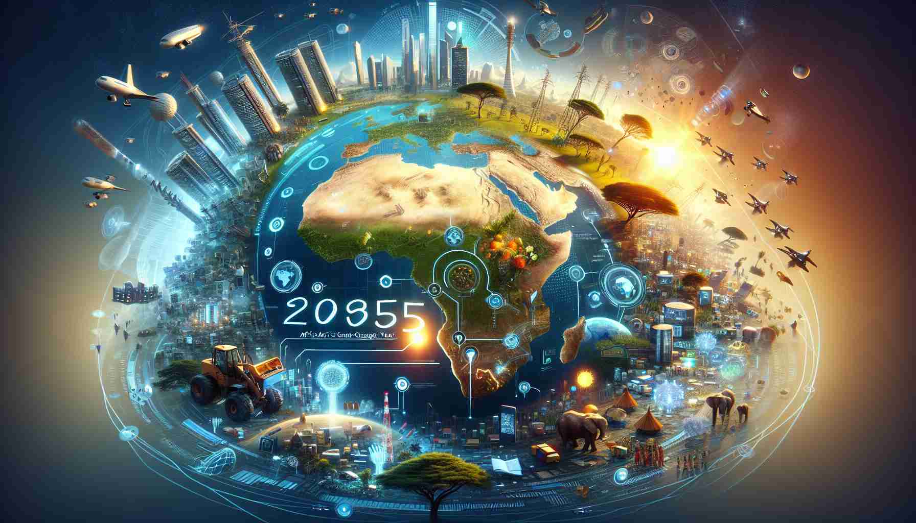 Depict a realistic and high definition futuristic representation of the year 2025, specifically focusing on transformative events in Africa. The image could include major developments in sectors such as technology, infrastructure, education, health, and other indicators of progress and transformation. It could also highlight environmental resilience, cultural preservation, and social initiatives, embodying the spirit of change and growth. Make sure to create a hopeful and positive atmosphere that hints at a groundbreaking year for the continent. Include a banner or a headline that reads '2025: Africa's Game-Changer Year. Don't Miss This Transformative Journey!'.