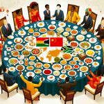 Create an image of a New Year's celebration centered around diplomacy. Show Chinese and African delegates in traditional attire, around a large round table loaded with festive foods representing both cultures. Also, include symbols of prosperous bonds such as map showing China and African countries highlighted, illustrated handshakes, and gifts being exchanged.
