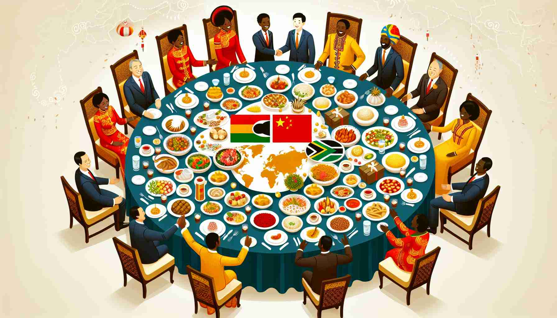 Create an image of a New Year's celebration centered around diplomacy. Show Chinese and African delegates in traditional attire, around a large round table loaded with festive foods representing both cultures. Also, include symbols of prosperous bonds such as map showing China and African countries highlighted, illustrated handshakes, and gifts being exchanged.