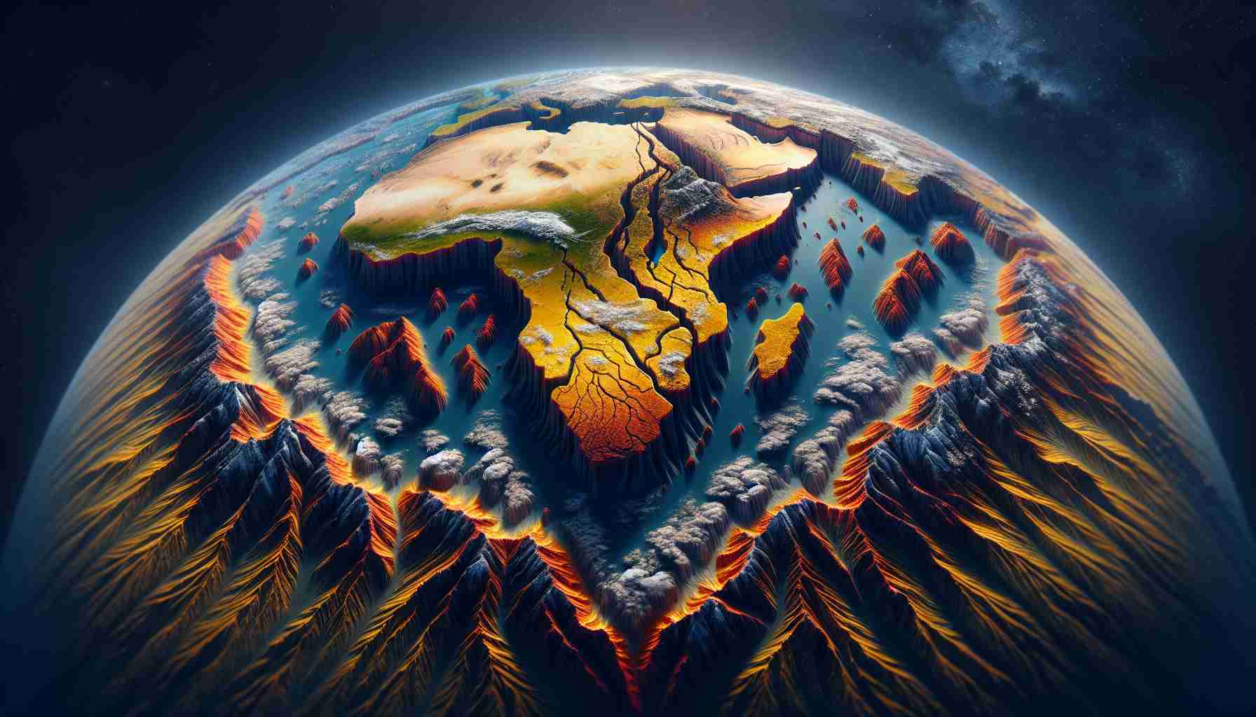 Create a High-Definition, realistic image depicting the geological phenomenon of the African continent gradually splitting apart. Illustrate the visible changes in the landmass, like formation of new valleys, lakes, or rifts. Let’s visualize the future implications of this natural event, such as changes in climate, habitats, and potential migration routes for animals.