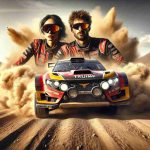 A high-definition realistic image portraying a power couple of rally drivers, a Caucasian man and a Black woman, who dominate the Dakar Rally race. The focus is on their Triumph Rally Car, which is coated in red and yellow, churning dust as it fiercely conquers the rough terrain. The hustling landscape of the Dakar rallly, perhaps a sun-baked desert or rugged mountain trails, forms the backdrop. The image encapsulates adrenaline, speed, triumph and shared ambition.