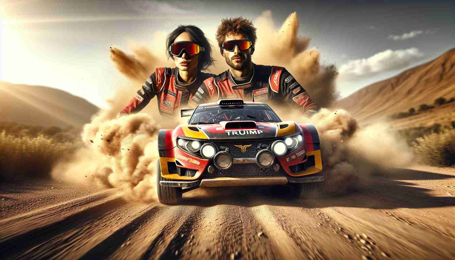 A high-definition realistic image portraying a power couple of rally drivers, a Caucasian man and a Black woman, who dominate the Dakar Rally race. The focus is on their Triumph Rally Car, which is coated in red and yellow, churning dust as it fiercely conquers the rough terrain. The hustling landscape of the Dakar rallly, perhaps a sun-baked desert or rugged mountain trails, forms the backdrop. The image encapsulates adrenaline, speed, triumph and shared ambition.
