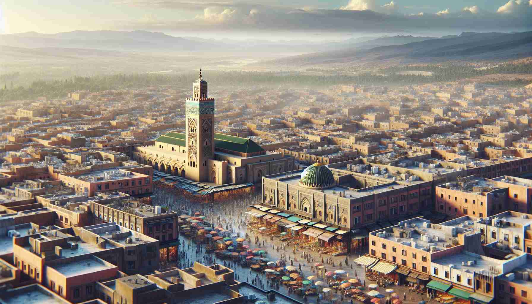 A detailed, high-definition image of Marrakech, showing off its beauty and tourism potential in 2024. The cityscape is alive with traditional architecture, vibrant markets brimming with unique artifacts, and picturesque landscapes revealing the hidden gems of Morocco.