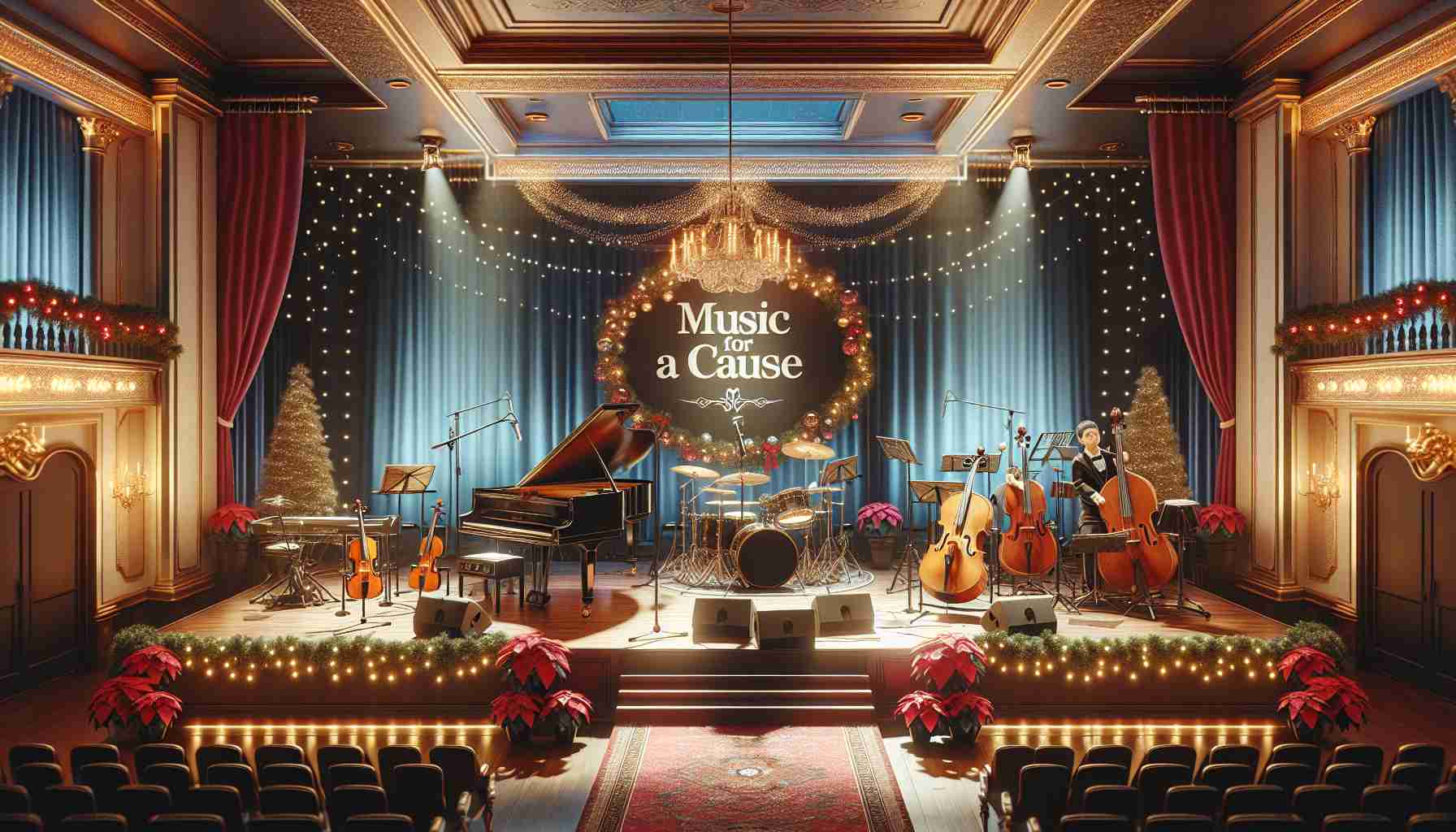 Render a high-definition and realistic image portraying the concept of 'Music for a Cause: A Holiday Concert You Can’t Miss!' depicting a grand stage setup with musical instruments such as a grand piano, violins, and drums. The stage is tastefully decorated in a festive holiday theme with twinkling lights, Christmas ornaments, and poinsettias. A banner hangs over the stage bearing the phrase 'Music for a Cause'. The atmosphere evokes warmth and celebration, indicating that the event is an eagerly anticipated one during the holiday season.