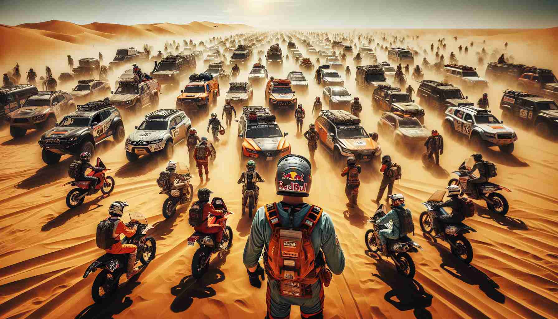 A breathtaking image in high-resolution capturing an exciting face-off in the Africa Eco Race. The scene unfolds under the sweltering sun, as multiple participants prepare for the ultimate test of endurance. There are diverse vehicles like motorcycles, SUVs, and trucks, each imprinted with signs of rugged use. Caucasian, Hispanic, and Asian male and female racers are seen, each equipped with their respective safety gears, ready to conquer the harsh African terrain. The race course appears challenging, carved out from the vast expanse of sandy desert dunes. The air is electric with anticipation as the thrilling showdown awaits!