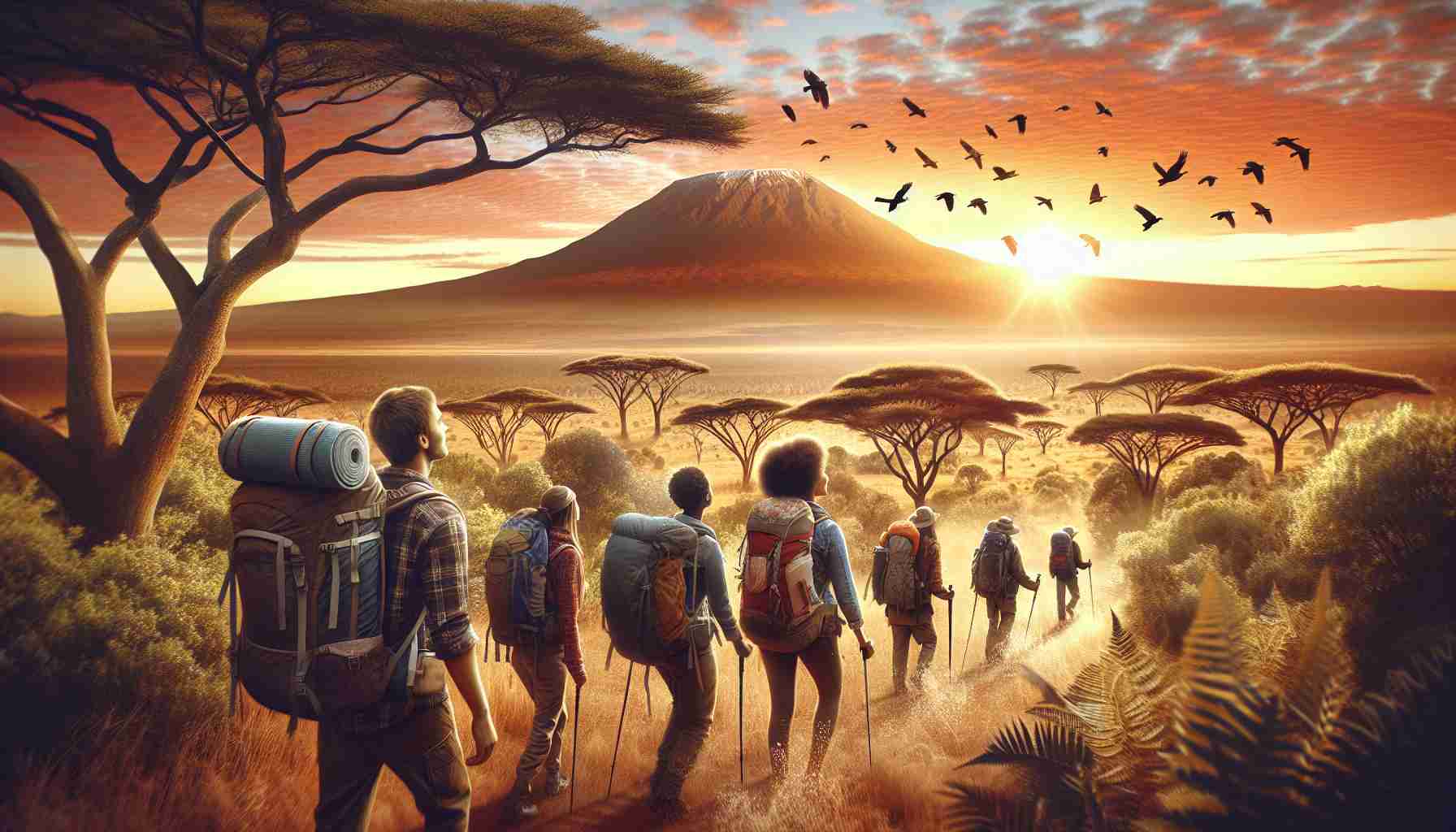 Generate a realistic, high-definition image for a campaign titled 'Adventures That Change Lives'. The scene depicts an exploration journey to Kenya. There's a group of mixed genders and descents, each carrying backpacks, trekking a savannah landscape with acacia trees against a sunset. In the background, the iconic Mount Kilimanjaro gives a perfect identity to the place. Up in the sky, migratory birds can be seen. Their expressions are filled with excitement and amazement, embodying the spirit of thrilling adventure and life-changing experiences.