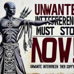 An impactful, high-definition image wherein a symbolic representation of Mali is shown standing resilient against interference. The country is depicted as a figure warding off unwanted disturbances with a bold gesture, conveying the message 'Unwanted Interference Must Stop Now!'. The figure carries symbols powerful to Malian culture, further underlining their intention to preserve their sovereignty. Behind them, the text 'Unwanted Interference Must Stop Now!' resounds in strong, clear typography.