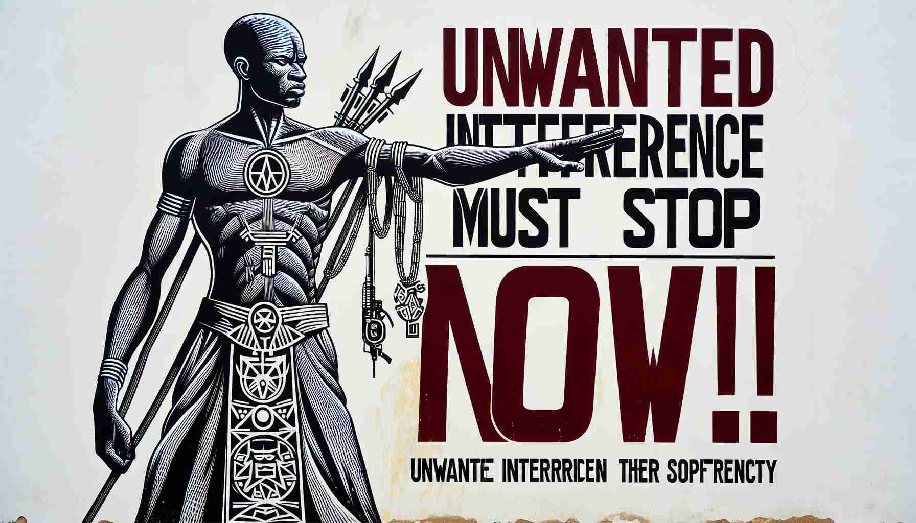 An impactful, high-definition image wherein a symbolic representation of Mali is shown standing resilient against interference. The country is depicted as a figure warding off unwanted disturbances with a bold gesture, conveying the message 'Unwanted Interference Must Stop Now!'. The figure carries symbols powerful to Malian culture, further underlining their intention to preserve their sovereignty. Behind them, the text 'Unwanted Interference Must Stop Now!' resounds in strong, clear typography.