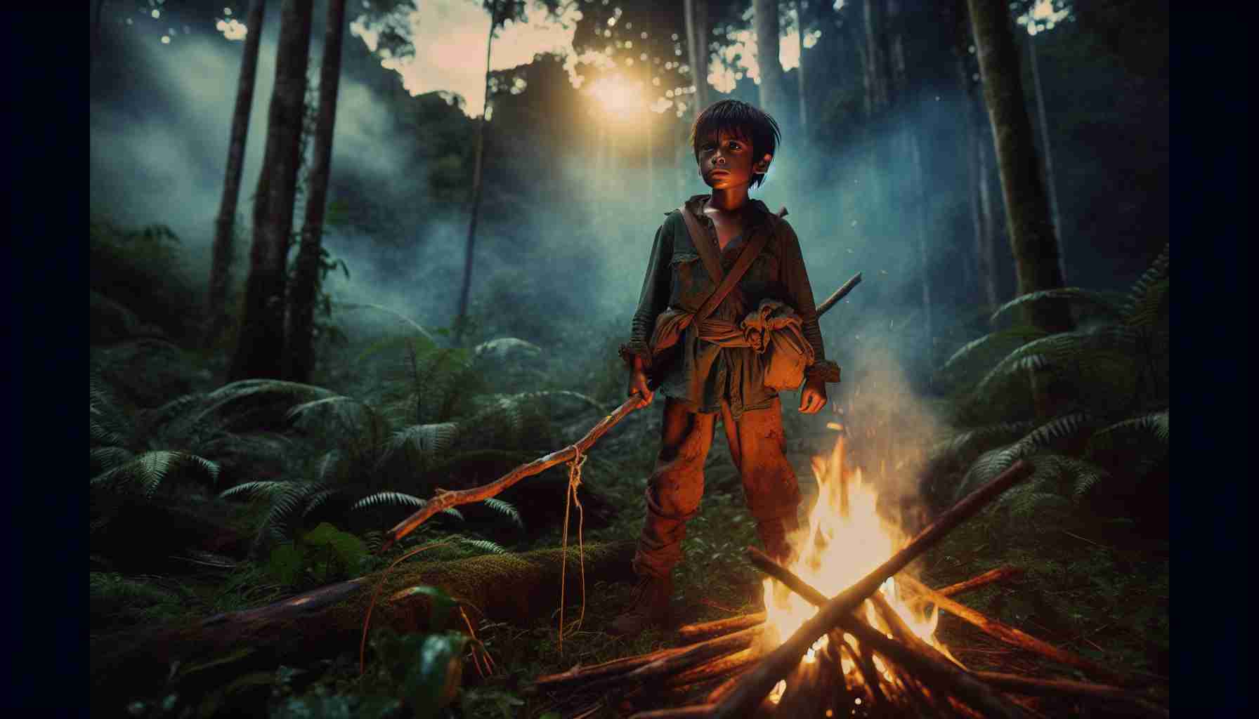 Generate an ultra high definition image depicting a story of survival and adventure. Picture this: a brave 7-year-old boy of Hispanic descent, conquering the natural elements around him. He is standing triumphantly by a small bonfire he managed to light, in a dense, untamed forest. The evening light shines on his brow, which has a slight sheen from exertion, as he holds a handmade fishing spear, indicating his self-sufficiency. His clothes are somewhat tattered and dirty, making him a persona of resilience and courage against the backdrop of the wild.