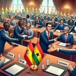 Generate a realistic and high-definition image depicting a key diplomatic event in Africa. The scene could be set in an official meeting space with the flags of Spain and Ghana displayed prominently. Spanish and Ghanaian diplomats, an equal number of men and women of diverse descents, are seen strengthening ties through a lively discussion, smiles, and handshake exchanges. A headline or banner in the image could read: 'Significant Diplomatic Leap: Spain and Ghana Fortify Bonds'.