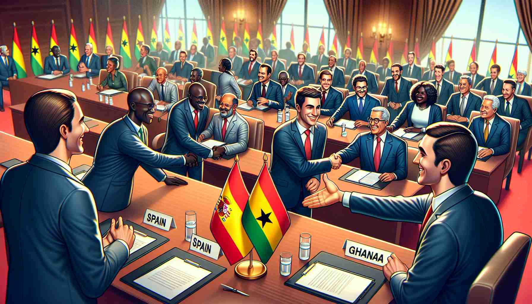 Generate a realistic and high-definition image depicting a key diplomatic event in Africa. The scene could be set in an official meeting space with the flags of Spain and Ghana displayed prominently. Spanish and Ghanaian diplomats, an equal number of men and women of diverse descents, are seen strengthening ties through a lively discussion, smiles, and handshake exchanges. A headline or banner in the image could read: 'Significant Diplomatic Leap: Spain and Ghana Fortify Bonds'.
