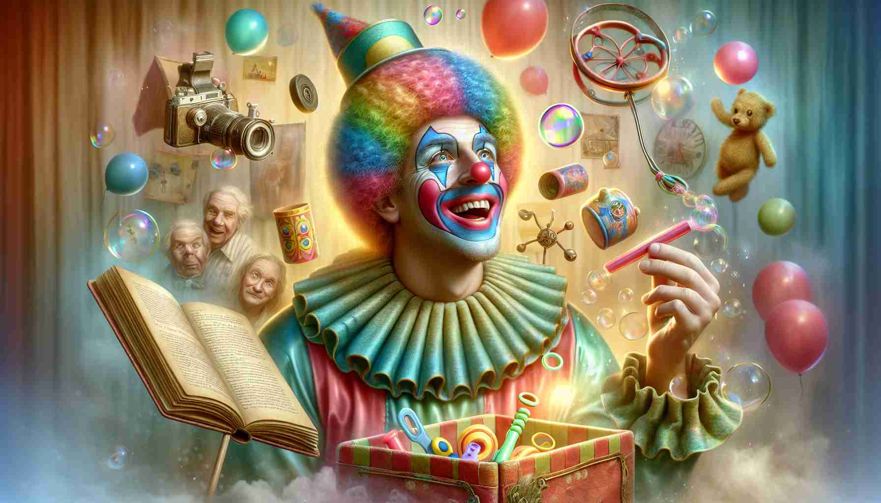 A highly detailed and realistic image illustrating the concept of 'Rediscovering Childhood'. The central figure is a joyous clown, adorned in vibrant hues. The clown is Caucasian and male. His expressive face holds a wide grin, eyes filled with wonder and excitement. He's engaging in simple playful activities like blowing bubbles or playing with a yo-yo. Background is filled with soft, muted colors to highlight the contrast. The surrounding elements hint at nostalgia and echoes of innocent childhood. Visual metaphors like old toys, an open storybook, etc. can be seen. A soft light lends a dreamlike quality to the entire setting.