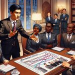 An illustrative representation of a meeting happening in a luxury hotel's conference room. There's a South-Asian male manager, wearing a smart formal suit, gesturing passionately towards a chart depicting changes in management structures. Staff members, including a black female receptionist, a Hispanic male bartender, and a Caucasian female housekeeper are watching with concerned expressions. Their faces reflect apprehension about their rights under the new management structure.