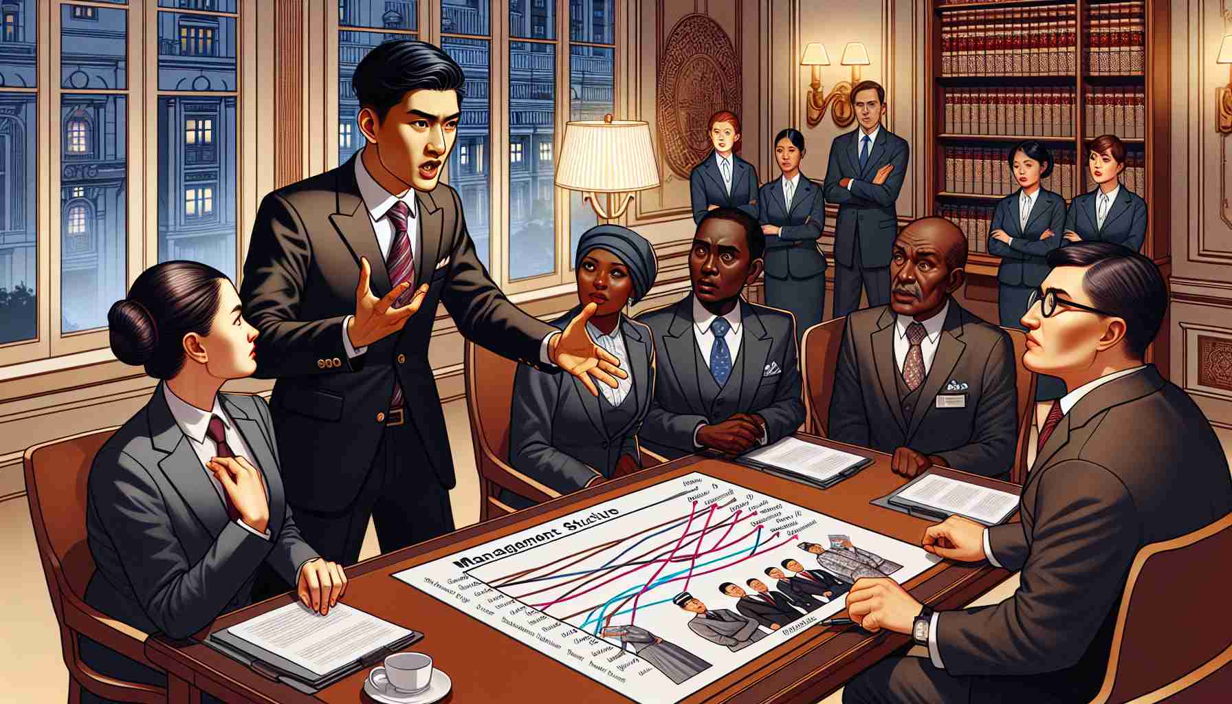 An illustrative representation of a meeting happening in a luxury hotel's conference room. There's a South-Asian male manager, wearing a smart formal suit, gesturing passionately towards a chart depicting changes in management structures. Staff members, including a black female receptionist, a Hispanic male bartender, and a Caucasian female housekeeper are watching with concerned expressions. Their faces reflect apprehension about their rights under the new management structure.