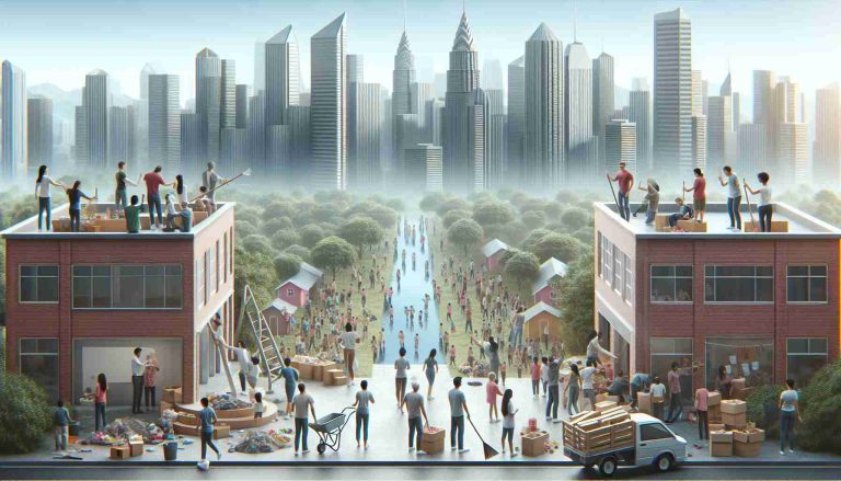 Generate a realistic, high-definition image of a scene that depicts charity initiatives transforming communities through generosity. The image should showcase the positive impact of local support. Ideal components could include individuals of various descent and gender actively participating in community service activities such as building schools, parks or local clinics, distribution of food and clothing to those in need, cleaning and beautification efforts, or community education programs.