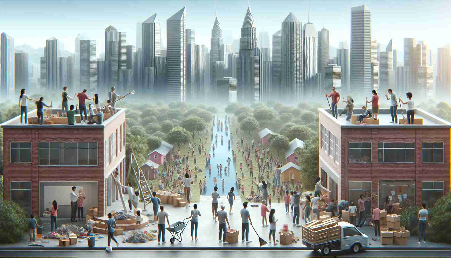 Generate a realistic, high-definition image of a scene that depicts charity initiatives transforming communities through generosity. The image should showcase the positive impact of local support. Ideal components could include individuals of various descent and gender actively participating in community service activities such as building schools, parks or local clinics, distribution of food and clothing to those in need, cleaning and beautification efforts, or community education programs.