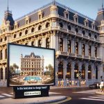 A realistic, high-definition image of the exterior of a grand hotel in Ceuta, possibly ensnared in controversy. The facade displays elegant architecture with remarkable details. There is a sign near the entrance encapsulating the intrigue, with a headline that reads, 'Is this Hotel About to Change Hands? Indulge in the Controversy!' Bustling activity can be seen around the hotel, hinting at the ongoing development.
