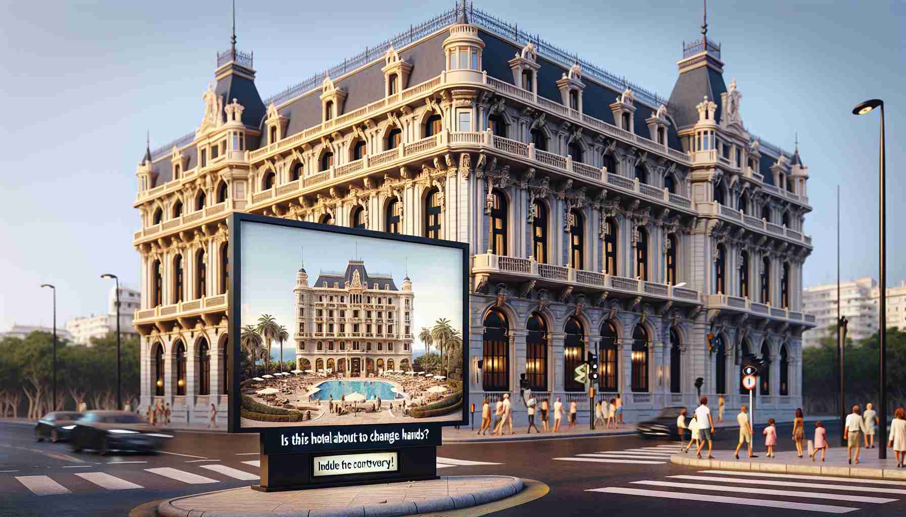 A realistic, high-definition image of the exterior of a grand hotel in Ceuta, possibly ensnared in controversy. The facade displays elegant architecture with remarkable details. There is a sign near the entrance encapsulating the intrigue, with a headline that reads, 'Is this Hotel About to Change Hands? Indulge in the Controversy!' Bustling activity can be seen around the hotel, hinting at the ongoing development.