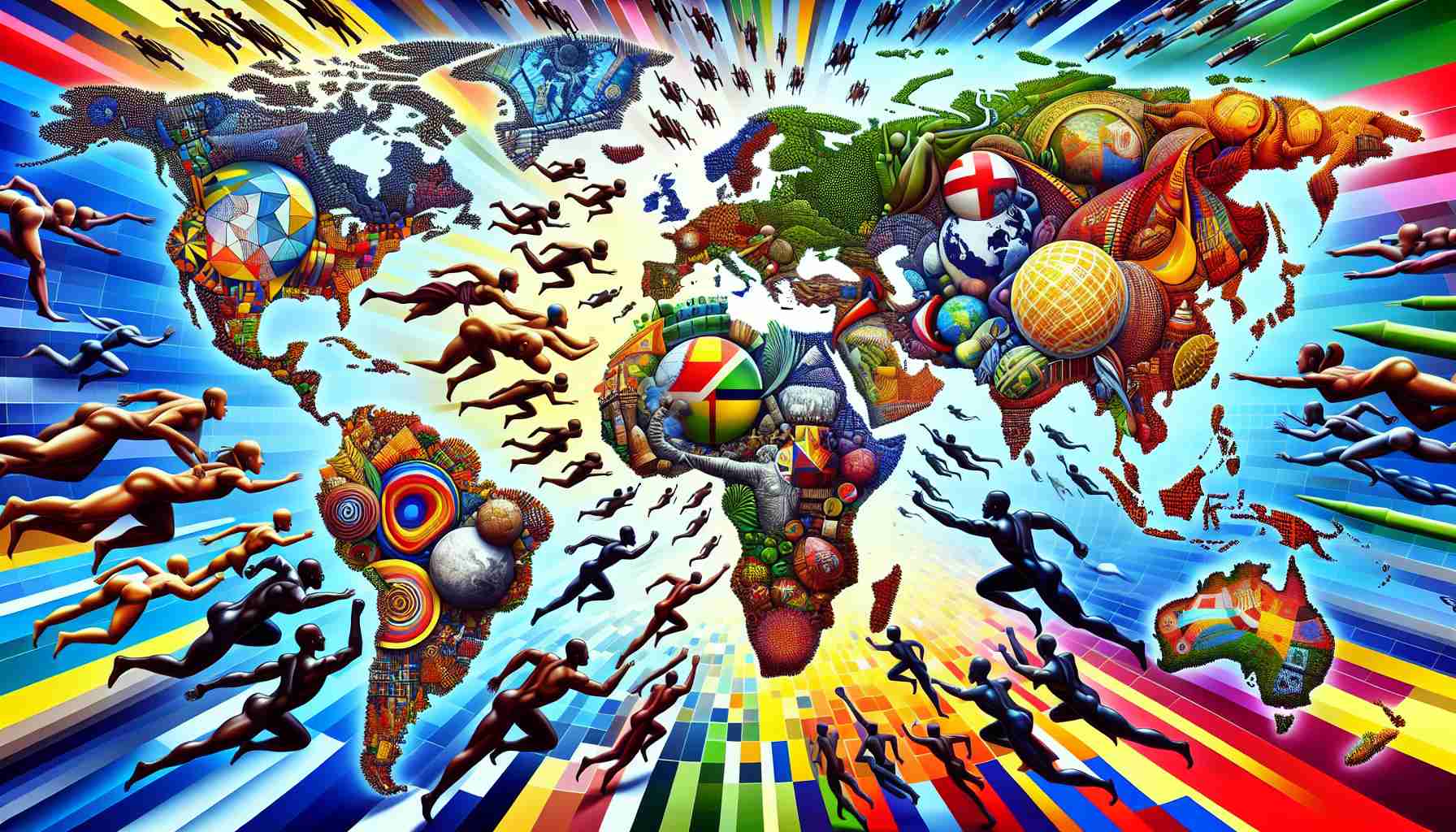 Generate a high-definition, realistic representation of a metaphorical race between abstract entities, depicting various continents, such as North America, Europe, Asia and so on, battling for Africa's richness and abundance in terms of resources. Each continent can be represented with different symbolic elements to portray their identities. Diversity is key in this representation. The image should not depict real people or real public figures, but rather the global stakeholders as a whole.