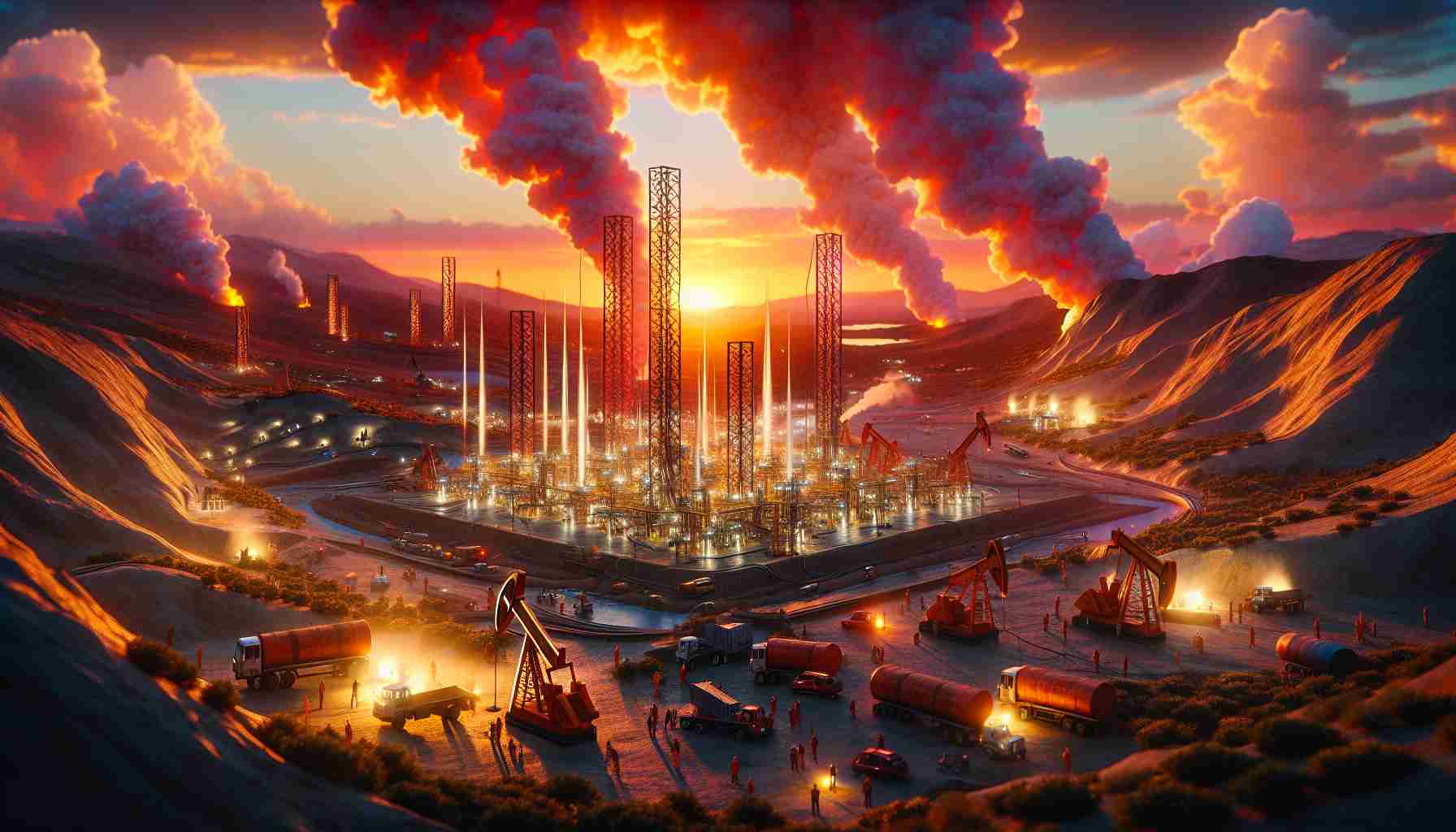 A high-definition, realistic image representing the recent enormous oil discoveries in Namibia. The scene should depict a detailed landscape of Namibia's terrain with deep underground oil reserves being discovered. Several oil derricks can be seen drilling into the earth with a blazing sunset in the backdrop, symbolizing a prosperous future. Commotion around the site signifies the rush and excitement of the major discovery. Emphasize the scale of the operation but also the impact on the environment in this detailed depiction.