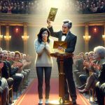 A high-definition, realistic image capturing the surprising moment of revealing the winner of a prestigious literary prize. The scene features a grand, elegantly decorated stage with an excited crowd in anticipation. An announcer, a middle-aged Caucasian man, with a golden envelope in hand, alongside a nominee, a young South Asian woman nervously waiting. The instant when the envelope is opened and the winner's name is revealed, expressions of shock, delight, and applause erupt in the audience.