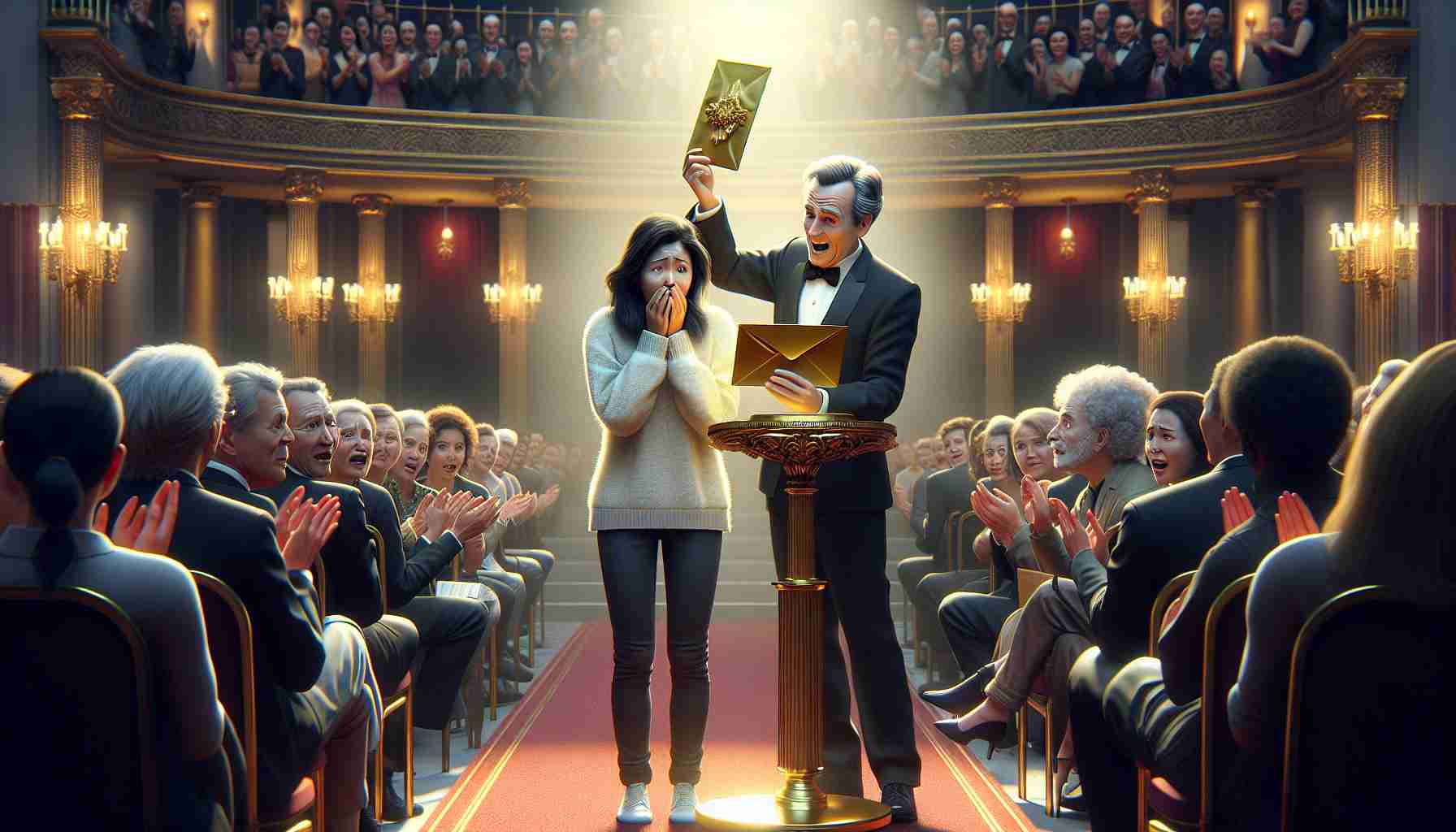 A high-definition, realistic image capturing the surprising moment of revealing the winner of a prestigious literary prize. The scene features a grand, elegantly decorated stage with an excited crowd in anticipation. An announcer, a middle-aged Caucasian man, with a golden envelope in hand, alongside a nominee, a young South Asian woman nervously waiting. The instant when the envelope is opened and the winner's name is revealed, expressions of shock, delight, and applause erupt in the audience.