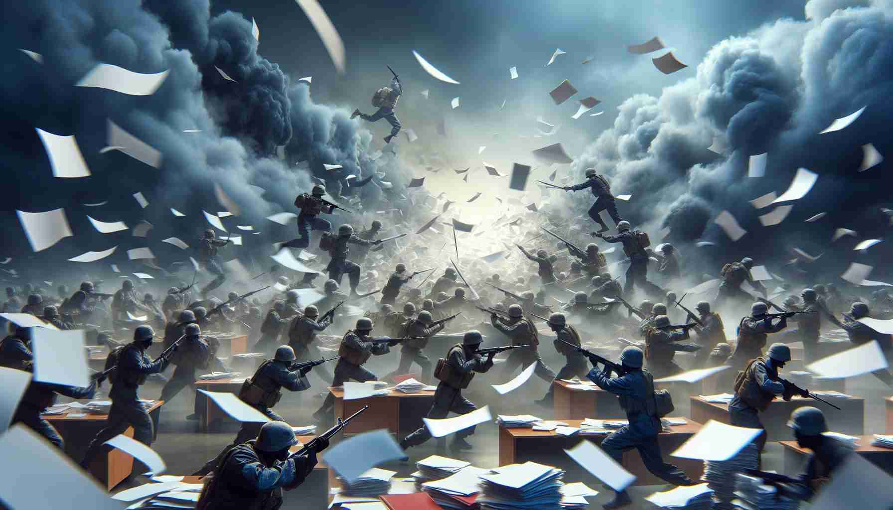 A crisp, high-definition image that captures the raw essence of unprecedented chaos unfolding! The scene depicts a clash, not of soldiers, but a metaphorical battle such as a whirlwind of papers in the midst of a frantic office environment, or the frenzy of a bustling city during peak hour. Unseen, yet palpable tension fills the air, hinting at a situation similar to a war, but in an entirely unique, never-before-seen scenario.