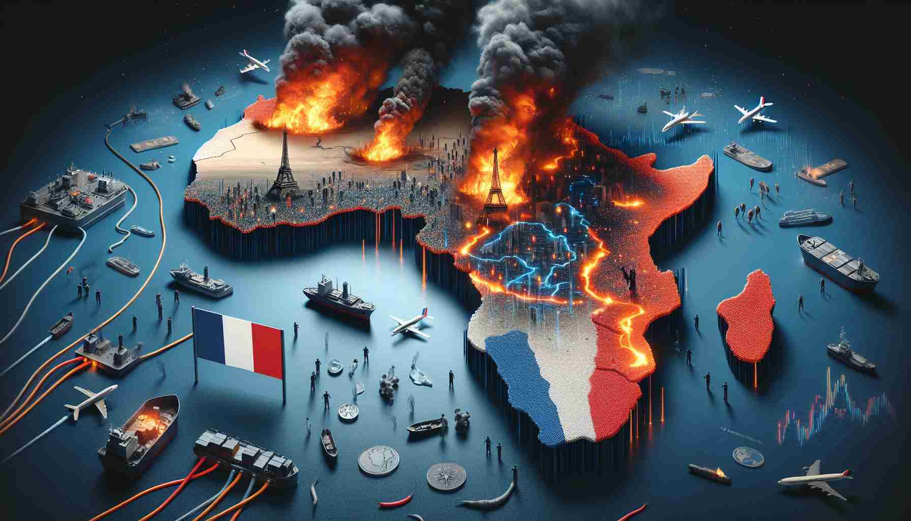 Create a high-definition realistic visual that represents the French crisis in Africa, encapsulating the drama and the real-life implications of the situation. Please include elements like maps, infographics or symbolic representation for a comprehensive understanding of the situation.