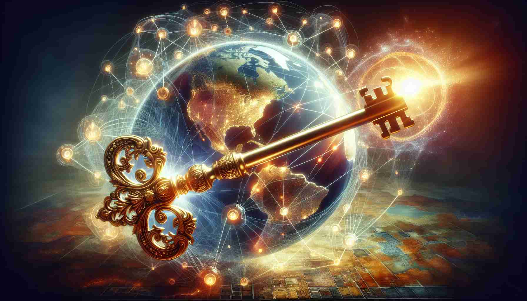A detailed, high-definition image representing the metaphoric concept of 'Unlocking Global Influence'. The central focus should be a large, ornate, golden key tapping into a transparent globe, symbolizing worldwide connectivity. There are numerous nodes around the globe, with lines interconnecting, representing different nations and their intricate relations. The key's interaction with the globe creates a spark of energy, symbolizing the unseen power. The color palette should be vibrant, enchanting, and the lighting should add drama, bringing the metaphor to life. The background entails an unfocused map.