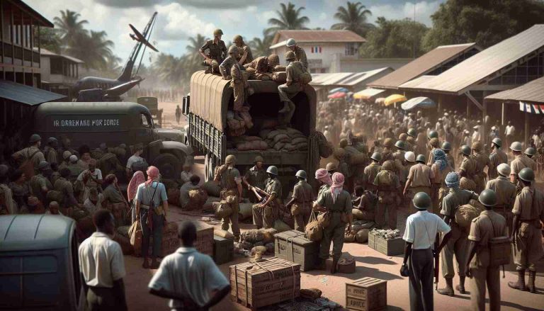 A realistic high-definition image of a scene where French troops are preparing to depart from Ivory Coast. In this poignant moment, the atmosphere is laced with a melancholic sentiment, as palpable anticipation hangs in the air. Soldiers, a mix of Middle Eastern men and women and South Asian men and women dressed in military uniforms, load up their gear into transport vehicles. Elsewhere, local spectators, possibly a group of African men and women, look on as these military forces ready themselves for departure. Signs of change, such as incoming construction equipment, is seen in the backdrop, indicating the big transformations to come.