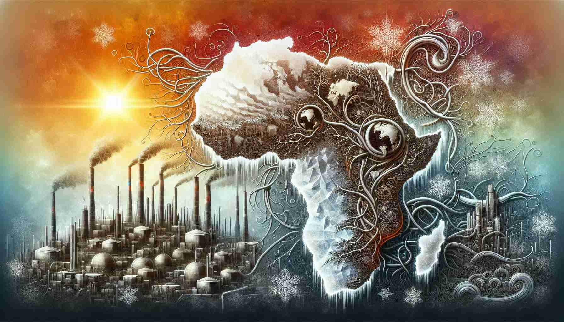 An intricate, high-definition artistic vision representing the concept of Russia's expanding influence in Africa. Depict a silhouette of the continent of Africa, dotted with industrial structures symbolizing economic growth. From the upper right corner, show symbolic representations of Russia, such as a geographic silhouette or frosty landscapes, extending vines, branches or tendrils towards Africa, symbolizing an extended hand or influence. The intertwined vines could represent the intricate power dynamics and alliances. The background could depict a rising sun symbolizing a 'new wave' or era. Please do not include any real personalities or offensive imagery.