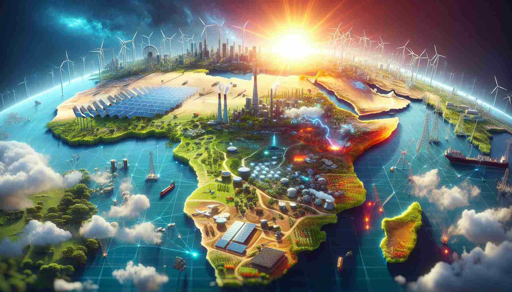 A high-definition, realistic depiction of Africa undergoing transformative changes in the year 2024. Showcase signs of progress and growth, such as the construction of modern infrastructure, the emergence of renewable energy technologies, increased agricultural productivity, and advancements in health services. Let the vibrant sun rise in the backdrop symbolize the dawn of a new era in Africa.